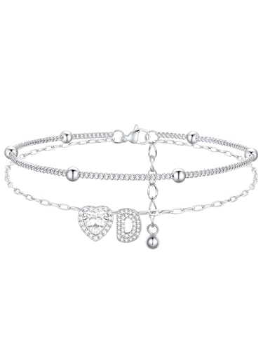 FindChic Silver/14K Gold Plated Layered CZ Initial Ankle Bracelet for Women | Waterproof Stainless Steel, Cubic Zirconia Letter Charm, Non-Tarnish, Hypoallergenic, Adjustable Extender, Summer Jewelry - color: Silver-CZ Heart, size: D