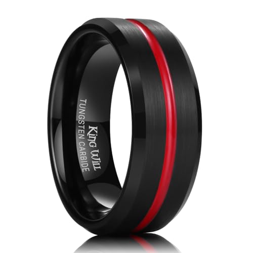 King Will Mens Tungsten Rings for Men Two Tone Grooved Mens Wedding Band Cool - color: Black & Red