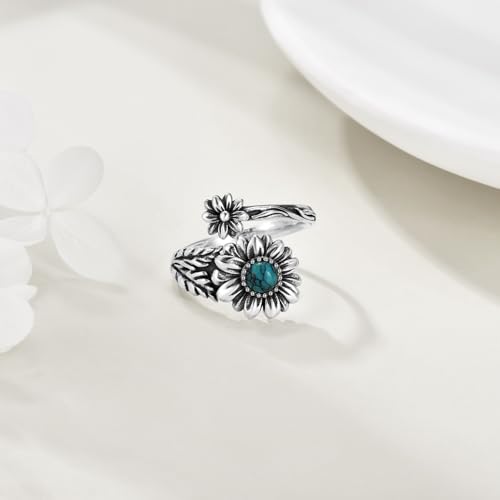 POPLYKE Sterling Silver Spoon Ring Vintage Thumb Rings Boho Adjustable Open Ring Statement Jewelry Gifts for Women - style: Turqouise Daisy