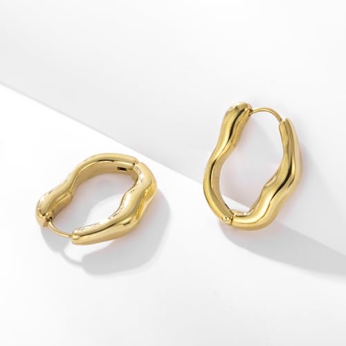 Stainless Steel Hoop Earrings for Women Gold Tone Geometric, Huggie Heart Twisted Minimalist Engraved Designs for Daily Wear - color: Gold-Irregular Round_25*20mm