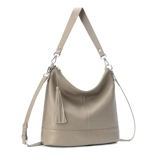 Genuine Leather Hobo Crossbody Bag for Women, Soft Real Leather Bucket, Shoulder Handbag Purse with 2 Removable Strap - color: Taupe-grey