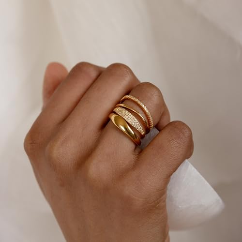 TOBENY Stackable Gold Rings for Women Non Tarnish Dainty 14K Gold Plated Stacking Cubic Zirconia Thumb Ring Set Trendy Statement Promise Wedding Bands Engagement Rings for Women Size 6 7 8 9 10 - color: 04-4Pcs Stacking Rings