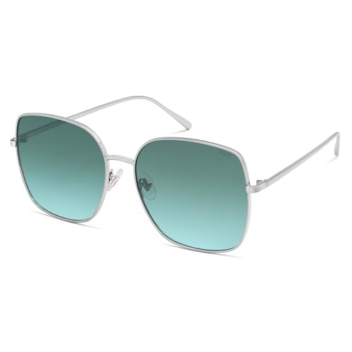 SOJOS Trendy Oversized Square Metal Frame Sunglasses for Women Men Retro Big Flat Lens UV Protection Sunglasses SJ1146 - color: Silver/Gradient Bluish-green