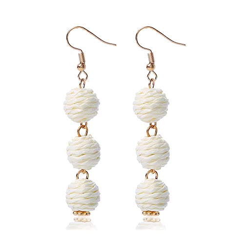 Lightweight Boho Thread Raffia Earrings for Women Handmade Braided Straw Wicker Lantern Ball Earrings Summer Beach Bohemian Geometric Earrings Holiday - color: white
