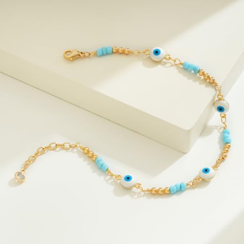 BENEIGE Women Bracelet 14K Gold Plated Paperclip Satellite Bead Ball Oval Cuba Cable Box Chain Daily Charm Layered Link Silver Bracelets Adjustable Jewelry - style: Eyes Beaded