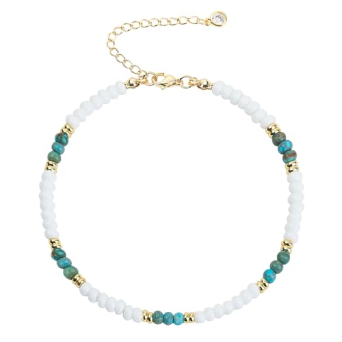 Natural Stone Beaded Anklets Bracelets for Women Handmade Beaded Anklet Bracelet Waterproof Boho Beads Ankle Bracelet Adjustable Summer Jewelry - color: white+blue