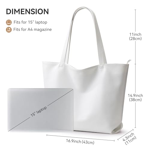 WLLWOO Soft Vegan Leather Tote Bag for Women Large Casual Hobo Handbags Zipper Shoulder Work Daily Weekender Travel Purse - color: White
