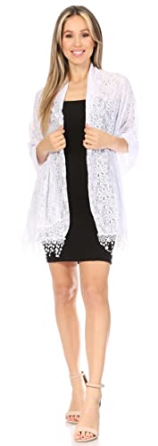 Sakkas Mari Women's Large Lightweight Soft Lace Scarf Wrap Shawl Floral and Fringe - color: Style8-white
