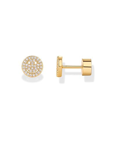 PAVOI 14K Gold Plated Dainty Flat Back Earrings for Women - Hypoallergenic Sterling Silver Posts Helix Cartilage Piercing Jewelry - Emoji Motif Bow Celestial Flatback Gold Stud Earrings Screw Back - style: Smiley