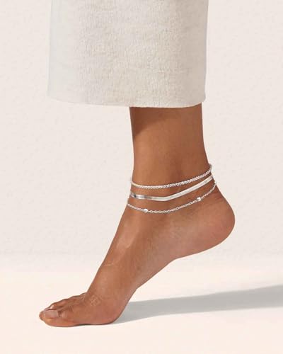 Tewiky Sterling Silver Plated Ankle Bracelets for Women,Dainty Layered Waterproof Anklet for Women Adjustable Sparkly Herringbone Beaded Rope Chain Set Stackable Cute Summer Beach Jewelry Gift - color: silver2