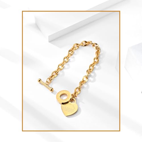 Emibele Heart Charm Bracelet for Women, Bible Verse Bracelet Stainless Steel 18K Gold Plated Bracelet Love Pendant Link Chain OT Clasp, Birthday Christmas Jewelry Gift for Mother Her - color: 14K Gold Heart