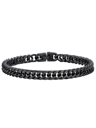 ChainsHouse Stainless Steel Cuban Link Bracelet, 8mm/12mm/17mm Width, 7.5"/8.3"/9", 18K Gold Plated Chain Wrist Bracelets for Men Women, Send Gift Box - color: H: Black-6mm width