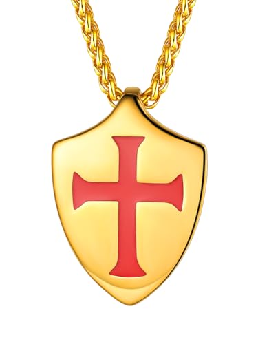 FaithHeart Knights Templar Necklace for Men, Christian Necklace for Men Stainless Steel Pendant Neckalces Christian Gifts with Gift Box - color: 03. Shield-Gold