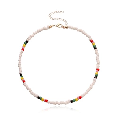 Bohemian Beaded Choker Necklace for Women Adjustable Colorful Rice Bead Necklace Handmade Beach Necklace Boho Beach Summer Ocean Hawaii Jewelry For Women Men - color: White1