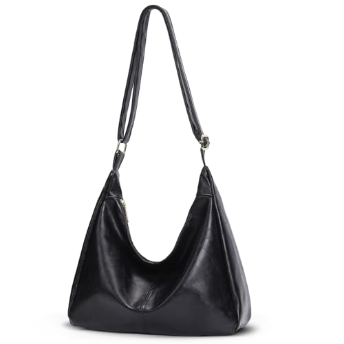 Brown Shoulder Bag for Women,Brown Leather Purse Slouchy Hobo Bags Everyday Purse Daily Commuting Bag with Zipper - color: Black