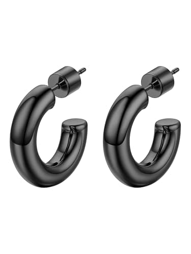 Stainless Steel Chunky Hoop Earrings For Women, Minimalist and Chic, Black/Gold Plated, Round Hoops Earrings Hypoallergenic, Size: 30mm/40mm/60mm/80mm, Come with Box - color: 2. Black, size: 20MM