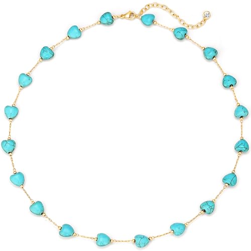Created Turquoise Necklace for Women 14K Gold Plated Beaded Heart Choker Boho Necklaces Handmade Beach Summer Everyday Western Jewelry Gifts - color: Gold Chain, style: Heart