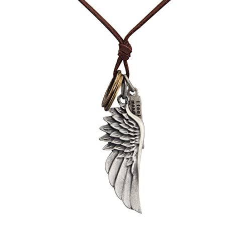 PU Leather Necklace Vintage Boho Style Multilayer Pendant Long Sweater Necklace Jewelry for Women Men with Adjustable Leather Cord - color: Angel Wings Pendant Leather Necklace
