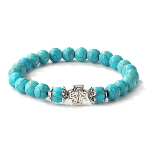 Turquoise Bracelet for Women, 8mm Beaded Stretchable Unisex Bracelet, Boho Turquoise Bead Bracelet Stone Beaded Bracelets Turquoise Jewelry for Women - color: Metal Cross