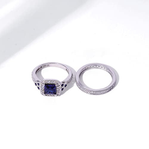 Amazon Essentials Platinum or Gold Plated Sterling Silver Antique Ring set with Asscher-Cut Infinite Elements Cubic Zirconia - color: Created Blue Sapphire/Platinum, size: 6