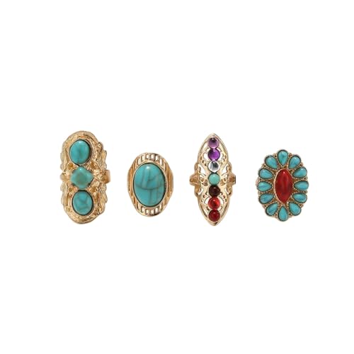 Bohemian Turquoise Ring for Women Chunky Gold Flower Statement Rings Vintage Round Turquoises Stackable Knuckle Ring Set for Women Western Jewelry - style: Turquoise ring-4Pcs