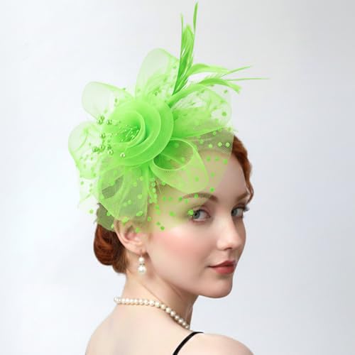 DRESHOW Fascinators Hat Flower Mesh Ribbons Feathers on a Headband and a Clip Tea Party Headwear for Girls and Women - color: 7" Diameter / Bright Green