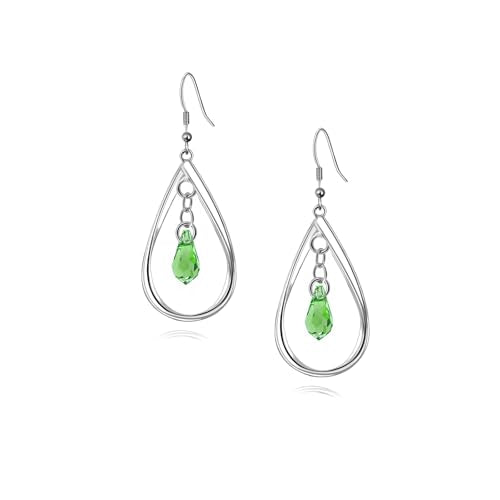 Rhodium Plate 925 Sterling Silver Hook Twist Leaf Holiday Hypoallergenic Dangle Earrings for Women Gifts Engagement Wedding with Austrian Daiamond Cut Waterdrop Crystal Hight Polished Long :1.9 IN - color: waterdrop green