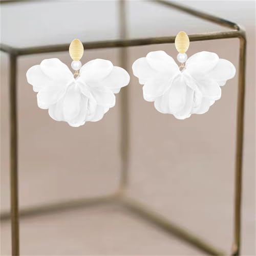 Handmade Fabric Flower Petal Fringe Dangle Drop Earrings Bohemian Floral Tassel Stud Earrings For Women - color: White