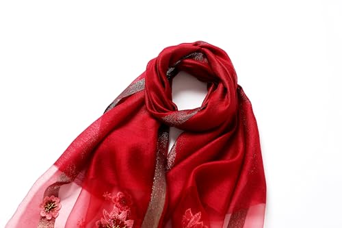 Jeelow Silk Blend Floral Fashion Scarf Shawl Wrap Lightweight Sheer For Women Floral Embroidery Wedding Party Prom - color: Red Beaded