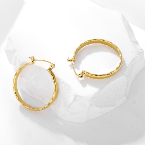 Stainless Steel Hoop Earrings for Women Gold Tone Geometric, Huggie Heart Twisted Minimalist Engraved Designs for Daily Wear - color: Gold_30mm