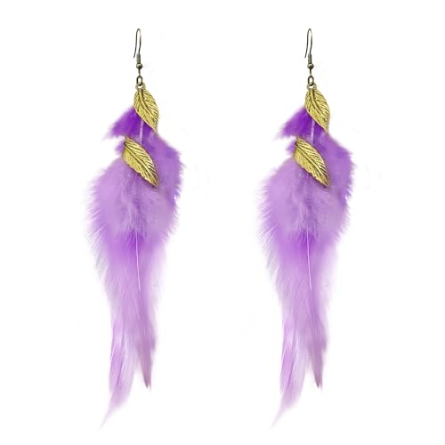 Feather Earrings for Women Bohemian Fringe Tassel Long Drop Dangle Earrings Lightweight Boho Statement earrings - color: purple