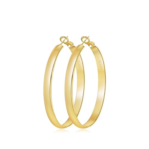 5mm Wide Gold Hoop Earrings for Women, 14K Gold Plated Big Chunky Hoop Earrings with S925 Sterling Silver Post, Hypoallergenic Lightweight Earrings Jewelry for Women 30/40/50/60/70mm - color: Gold-50mm