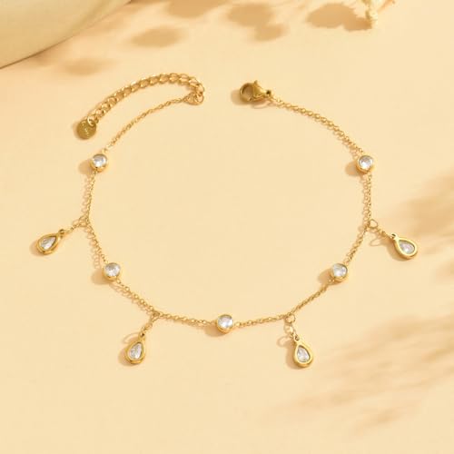 Anklet Bracelets for Women 18K Gold Plated Tennis Anklets Dainty Sapphire Paperclip Pearl Sequin Droplet Adjustable Large Anklet Bracelets Simple Beach Summer Waterproof Foot Jewelry - color: Droplet CZ-Gold