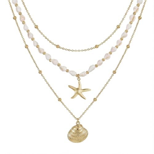 Seashell Starfish Necklace for Women Conch Shell Summer Pearl Beach 14k Gold Layered Dainty Choker - style: 3 Layered Necklace