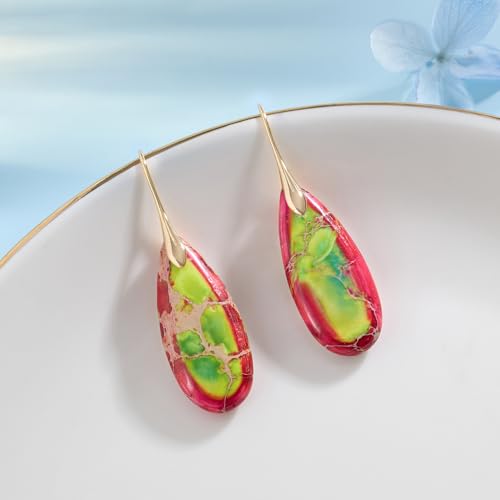 SELOVO Stone Fishhook Dangle Drop Earrings Statement Earrings for Women Stone - color: Red&Yellow green-Gold Color Hook