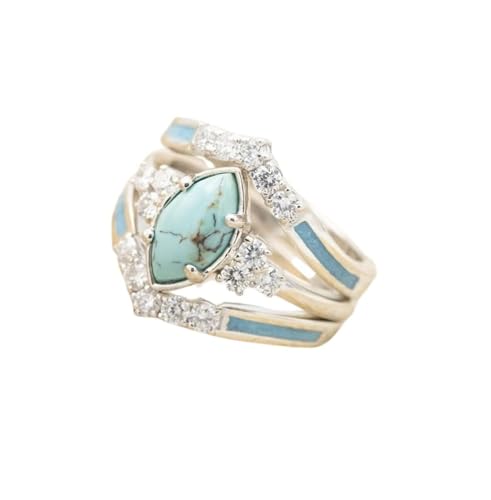 3 PCS Natural Turquoise Diamond Ring Set - Western Jewelry Silver Color Rings for Women - Bohemian Joint Knuckle Finger Rings With Sparkling Natural Gemstone - size: 8