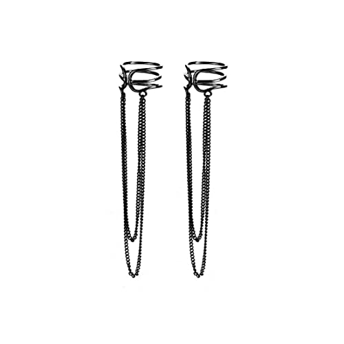 SLUYNZ 925 Sterling Silver No Piercing Cuff Earrings Chain for Women Wrap Earrings Tassel Clip On Ear - color: Black Gold Plated