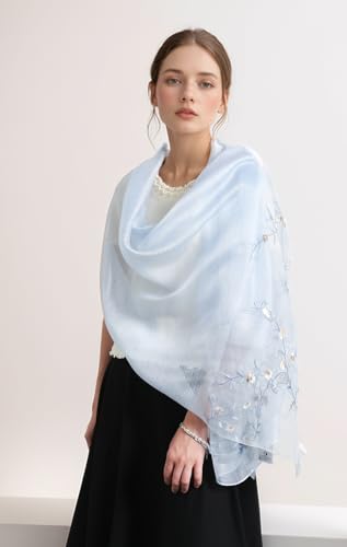 Jeelow Silk Blend Floral Fashion Scarf Shawl Wrap Lightweight Sheer For Women Floral Embroidery Wedding Party Prom - color: Bluebell Dream