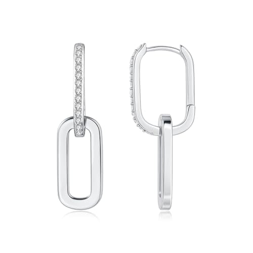 14K Gold Plated Paperclip Earrings For Women Trendy Link Huggie Hoop Earrings Silver Chain Statement Drop Dangle Earrings with Cubic Zirconia Jewelry Gifts For Her Gold - color: Silver