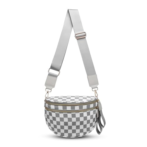 Checkered Crossbody Bag for Women Bum Bag Spacious Nylon Fanny Packs Cross Body Shoulder Purses Bag Handbags - color: Light Gray Checkered