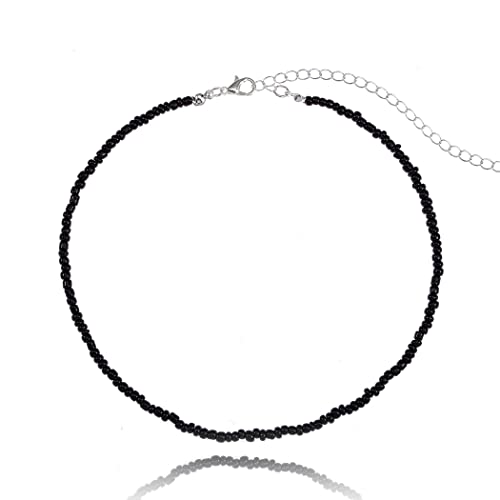 Tgirls Boho Choker Necklace Chain Rice Beaded Necklaces Seed Bead Necklace Accessory for Women - color: Black