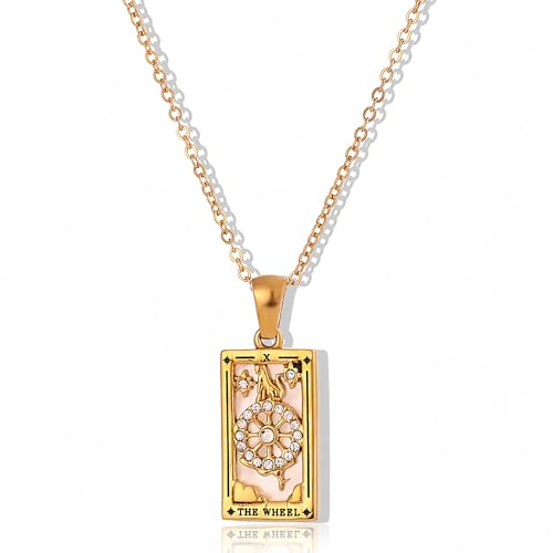 ORIGENCE 18k Gold Plated Tarot Cards Pendant Necklace - Vintage Colorful Charm Necklace Lucky Talisman Hypoallergenic for Women and Men Gift - style: The Wheel
