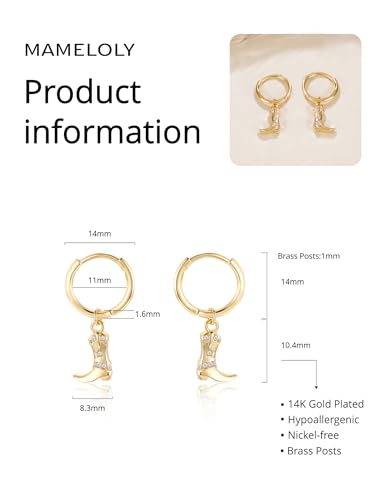 Mameloly Cowgirl Earrings for Women CZ 14K Gold Plated Western Cowboy Hat Dangle Hoop Earrings Cute Jewelry Hypoallergenic - color: 7 CZ Boot