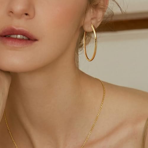 14K Gold Hoop Earrings for Women 14K Gold Earrings for Women Gold Hoop Earring for Womens Hoops Understated Elegance with Smooth Lines Hoops Earring for Womens 20/25/30/35/40/50 mm - size: 50MM