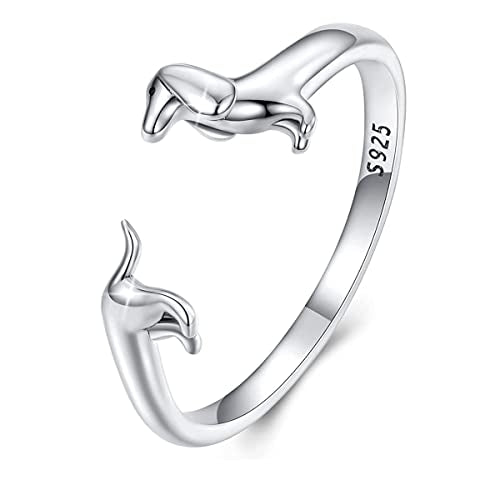 PARCOM Adjustable Women Stackable Ring, 925 Sterling Silver Open Rings - Trendy Eternity Cubic Zirconia Stackable Band Engagement Promise Ring for Her, Hypoallergenic Non Tarnish Nature Bird Floral Thumb Rings - color: Dachshund