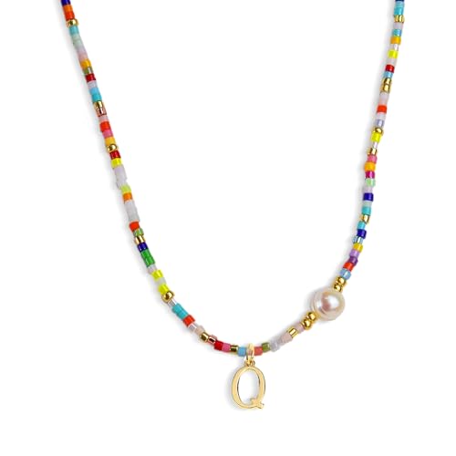 Colorful Pearl Beaded Initial Choker Necklaces for Women, Boho Handmade Personalized Seed Beads Letter Name Necklace Beach Surfer Bohemian Jewelry Gift - color: Q