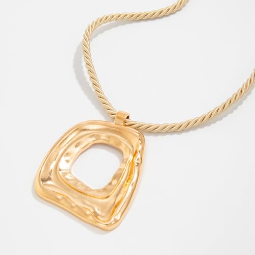 Chunky Gold Large Hollow Square Pendant Long Rope Necklaces for Women, Boho Big Silver Ethnic Style Necklace Statement Party Festival Jewelry Gifts - color: Gold