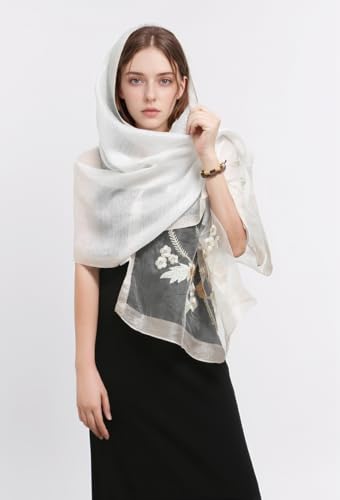 Jeelow Silk Blend Floral Fashion Scarf Shawl Wrap Lightweight Sheer For Women Floral Embroidery Wedding Party Prom - color: Beige Floral
