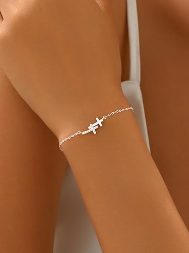 Double Cross Bracelet for Women 925 Sterling Silver Dainty 14K Gold Plated Cubic Zirconia Bracelet Faith Christian Bracelets Adjustable Chain Religious Christian Baptism Jewelry Gifts - color: Silver 2