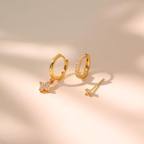 3 Pairs Small Earring Stacks, 14K Gold/Silver/Black/Rose Gold Plated Pearl Heart Butterfly Star Diamond Charm Drop Huggie Earrings Trendy Jewelry Gift for Women - color: Gold-Four Leaf